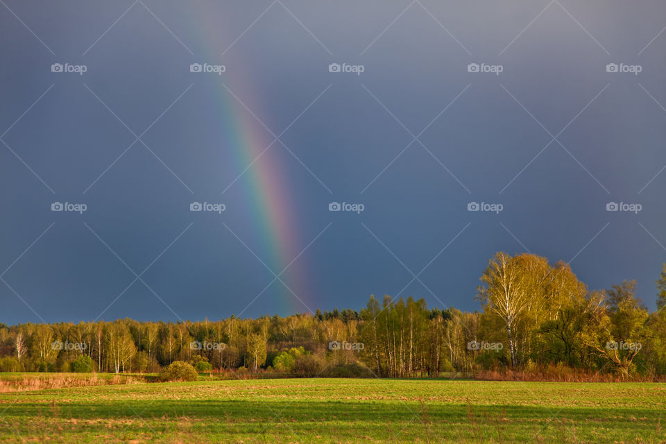 Summer landscape with rainbow at cloudy day