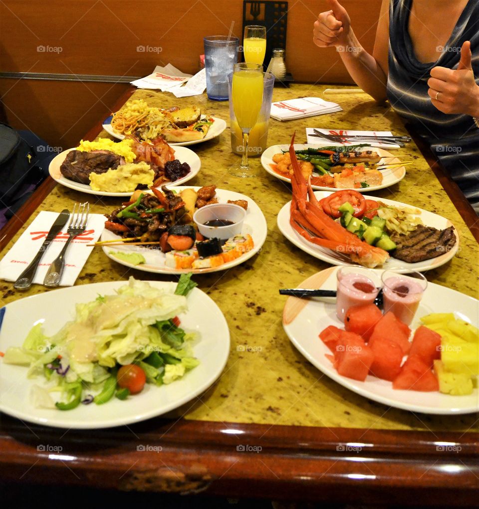 Full table at food buffet 