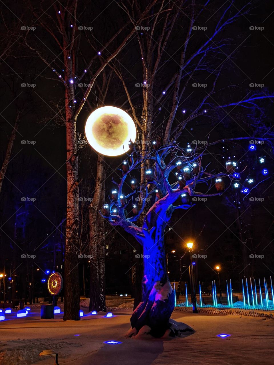 Kharkiv,  Ukraine. Christmas,  New Year decorations, night lights, garlands. 2022