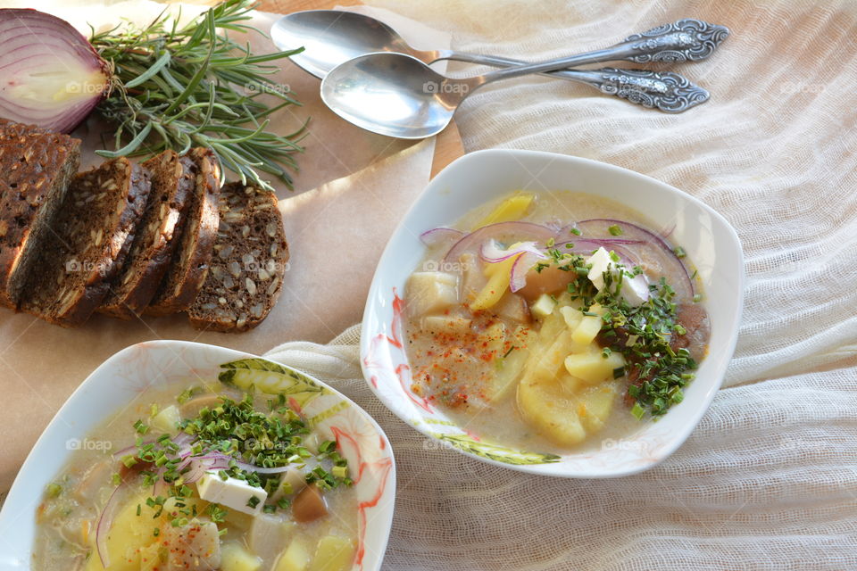 High angle view of soup and cake