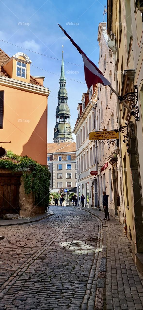 Medieval street in Riga, sunny summer day, street view 