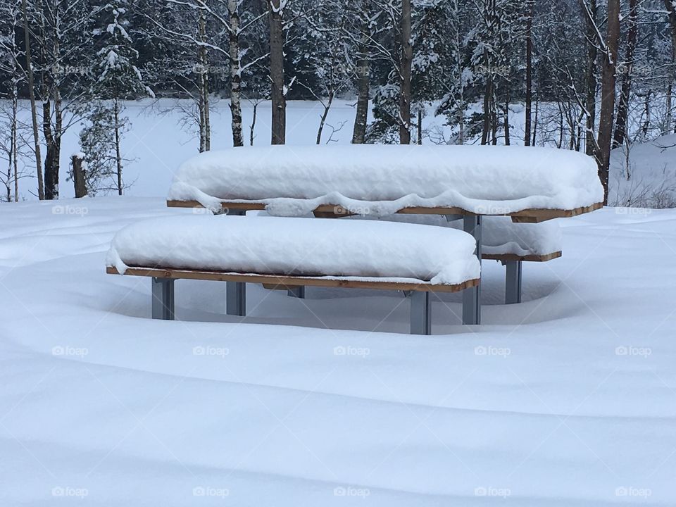 Benches covered with snow.