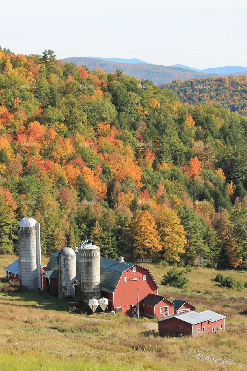 Farming is a way of life. A New England farm set up in the hills with an autumn backdrop.