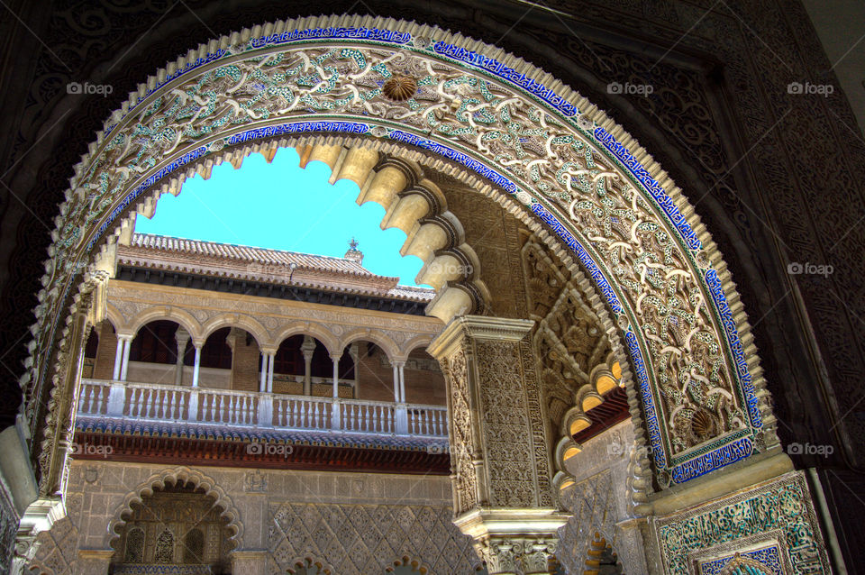 View of the building of Reales Alcáceres in Sevilla, Spain.