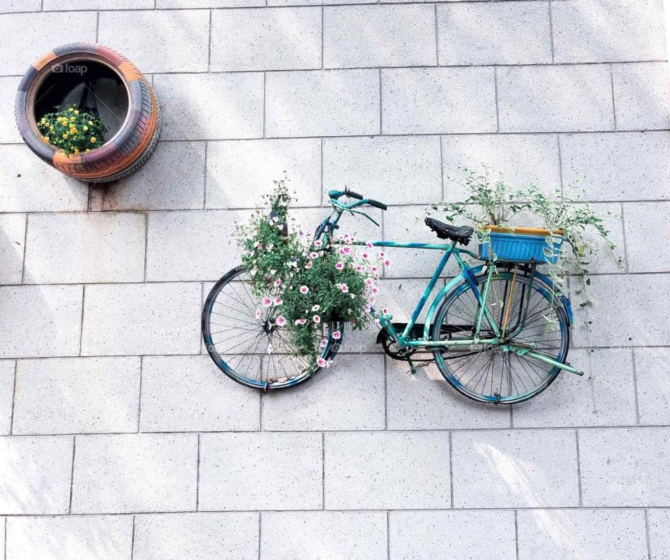A beautiful blue bicycle decorated with flowers stuck to a white concrete wall