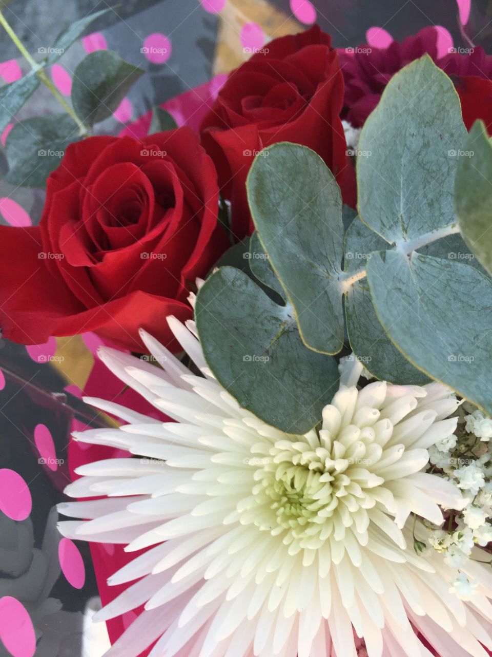 Red roses mums bouquet . Red roses, white mums and eucalyptus flower bouquet 