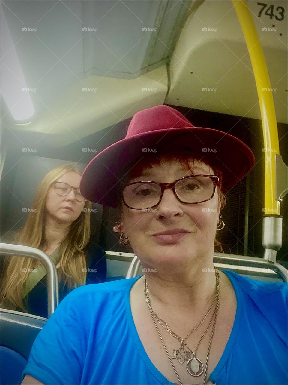 This is me, „Petra Schiller“ a.k.a. „Maxine Firefox“ or „Maximiliane Feuerfuchs“ riding the bus from „Bushwick“, Brooklyn back to „Newtown Creek“ in LIC, Queens. 2023. Hypnotic Productions