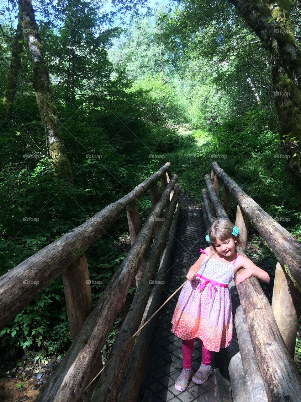 On the bridge. Girl on wooden bridge in forest