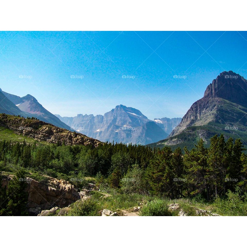 Mountain valley and surrounding peaks in summer greenery, Glacier National Park