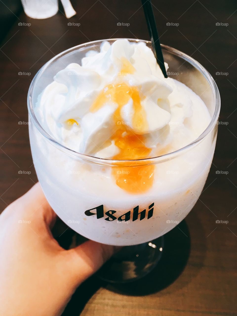 Close up of white peach smoothie. 