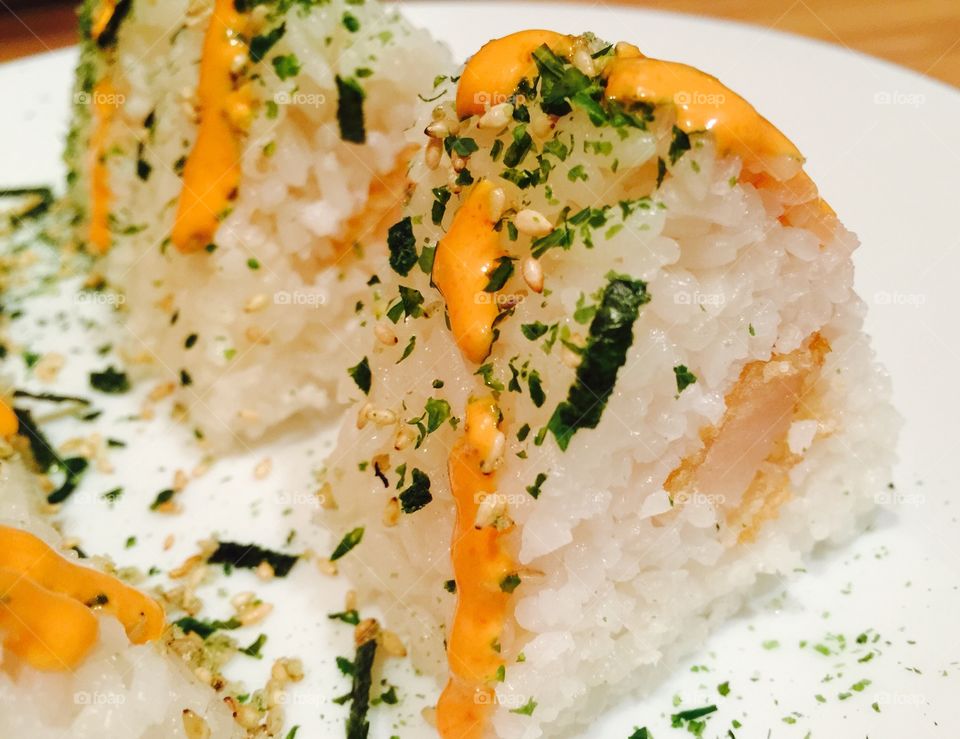 Rice balls . Onigiri with shrimp & sriracha mayo. 