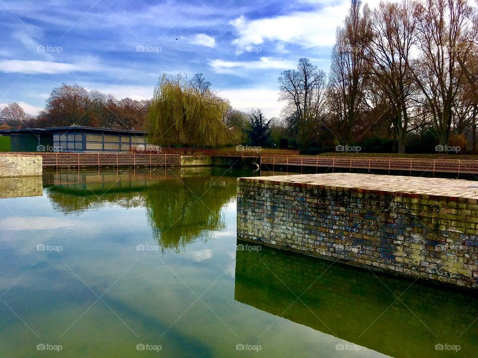 A Japanese-style park in London England features a serene reflective pond and a green weeping willow in the distance. The season is late-autumn
