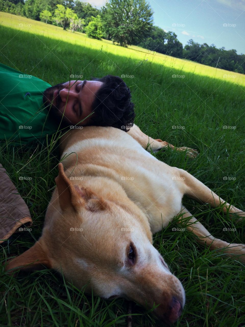 Young man sleeping with dog on grass