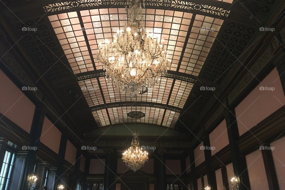 Hand etched glass ceiling and chandelier at the Longwood Gardens outside of Philadelphia, PA. 