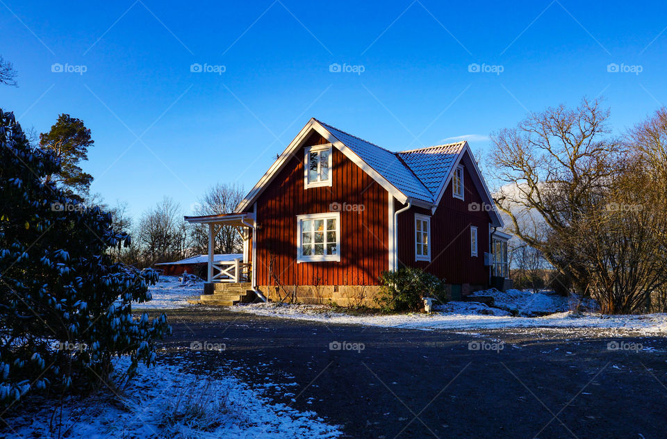 Traditional Swedish house in winter