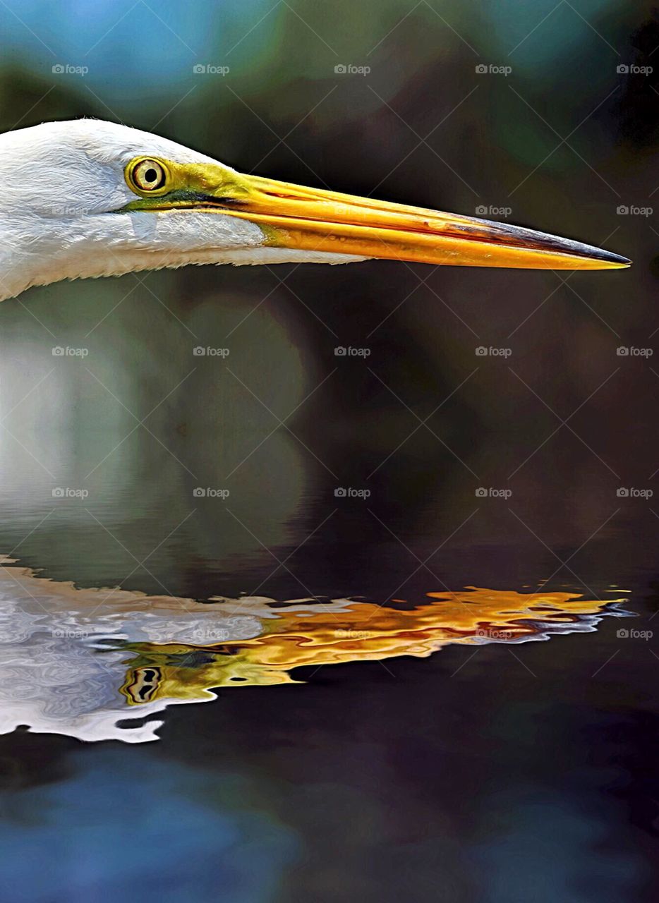A Great Egret reflected on water.