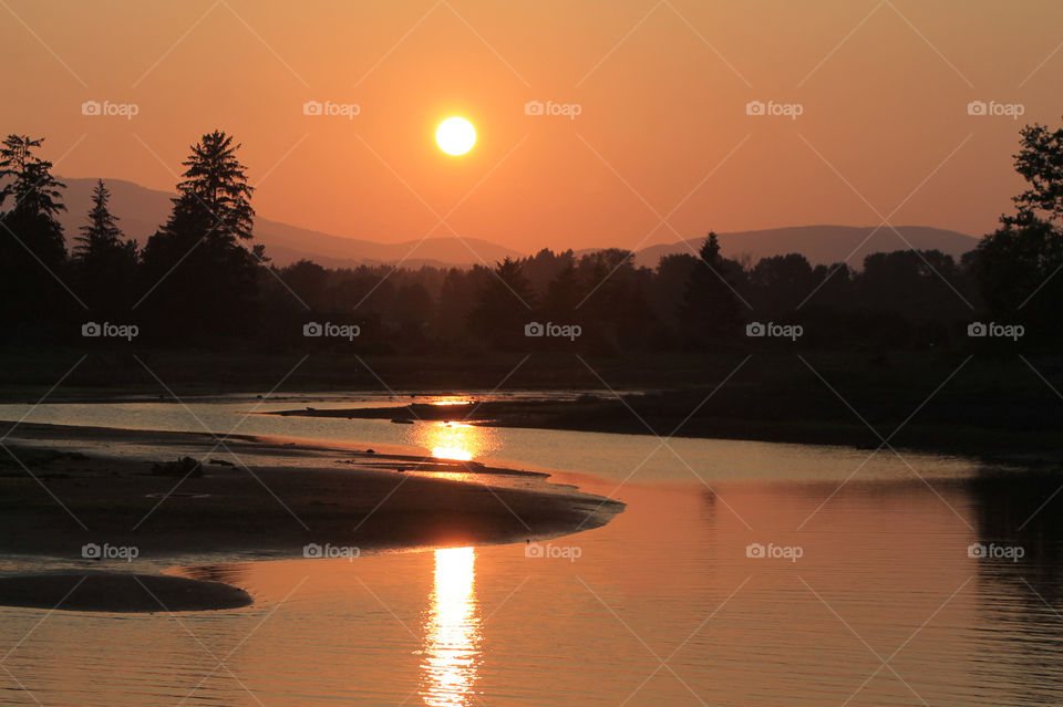 The setting sun is strongly reflected in the falling tidal waters of the estuary & the sky is orange & pink. The tree line, tidal flats & mountains are dark silhouettes focusing all attention on the glowing sun, sky & water. Beautiful!