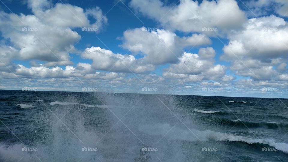 Lake Michigan waves spraying on break water