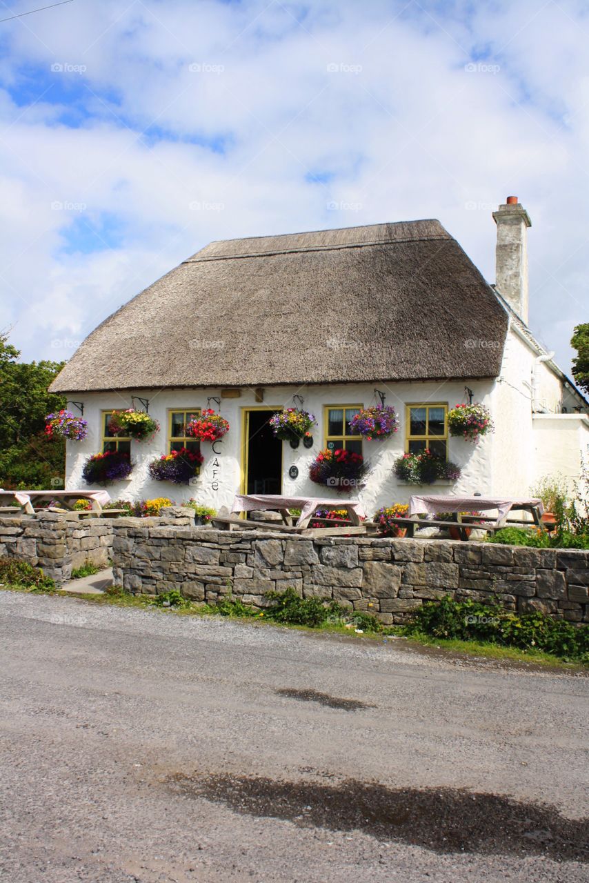 Cozy traditional Irish cottage with hanging flower pots, window planters, and a stone wall in the Aryan Islands in Ireland 