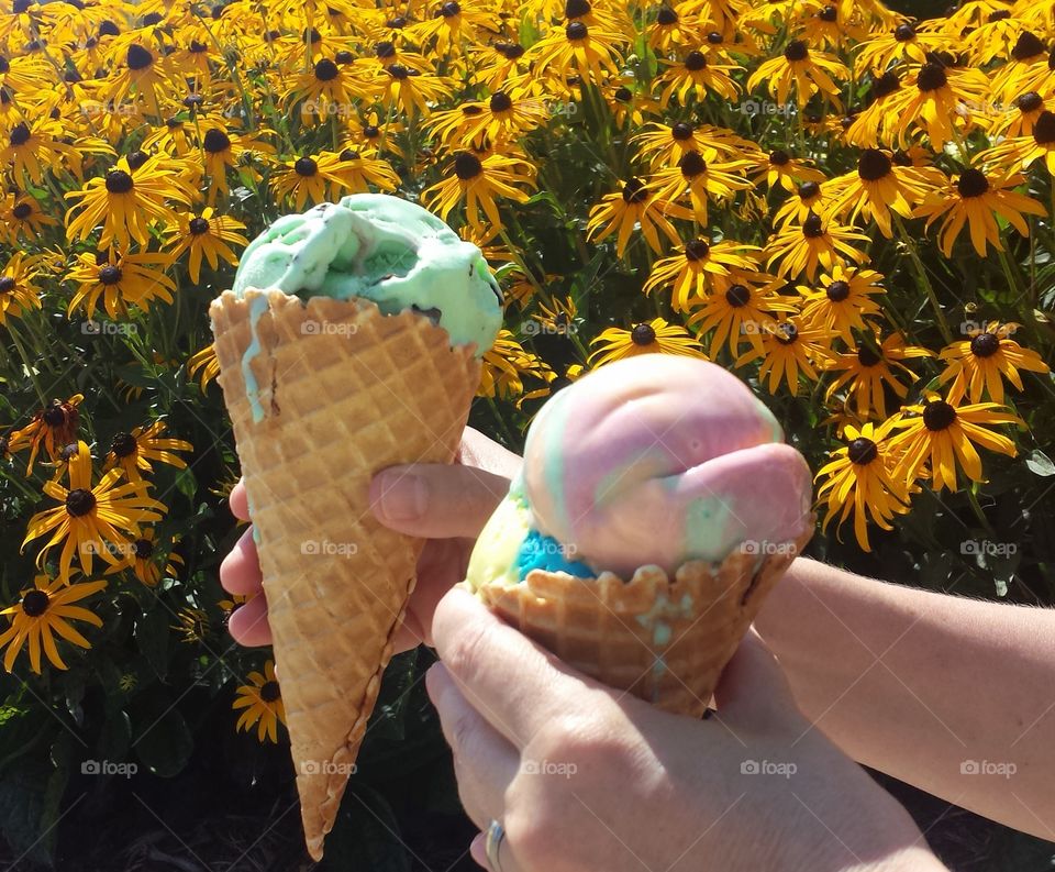 Hands Holding Ice Cream. Hot Summer & Ice Cream Cones