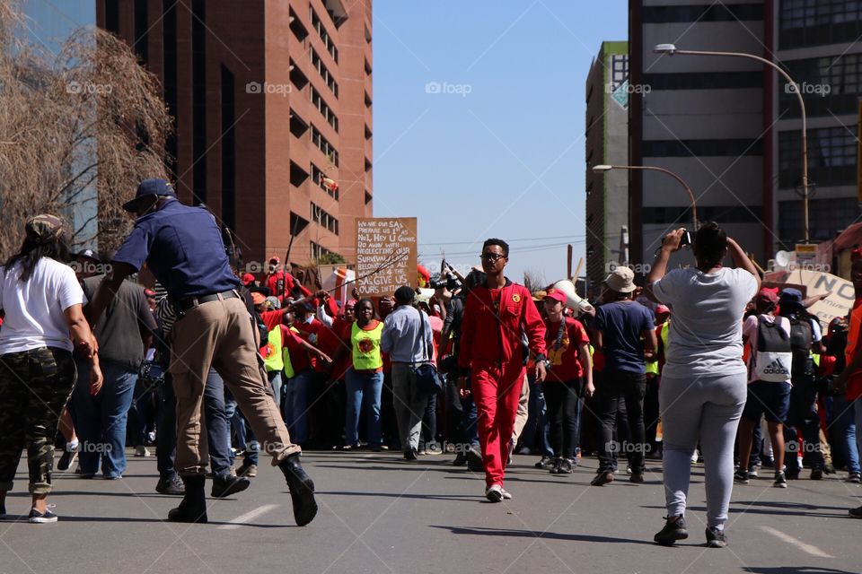 Protestors during a Nation wide protesting against the national minimum wage and changes to labor laws. 25 April 2018. Newtown, Johannesburg.