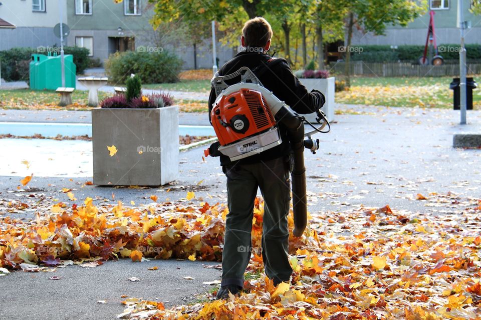 Young man blowing leaves . Young man blowing leaves 