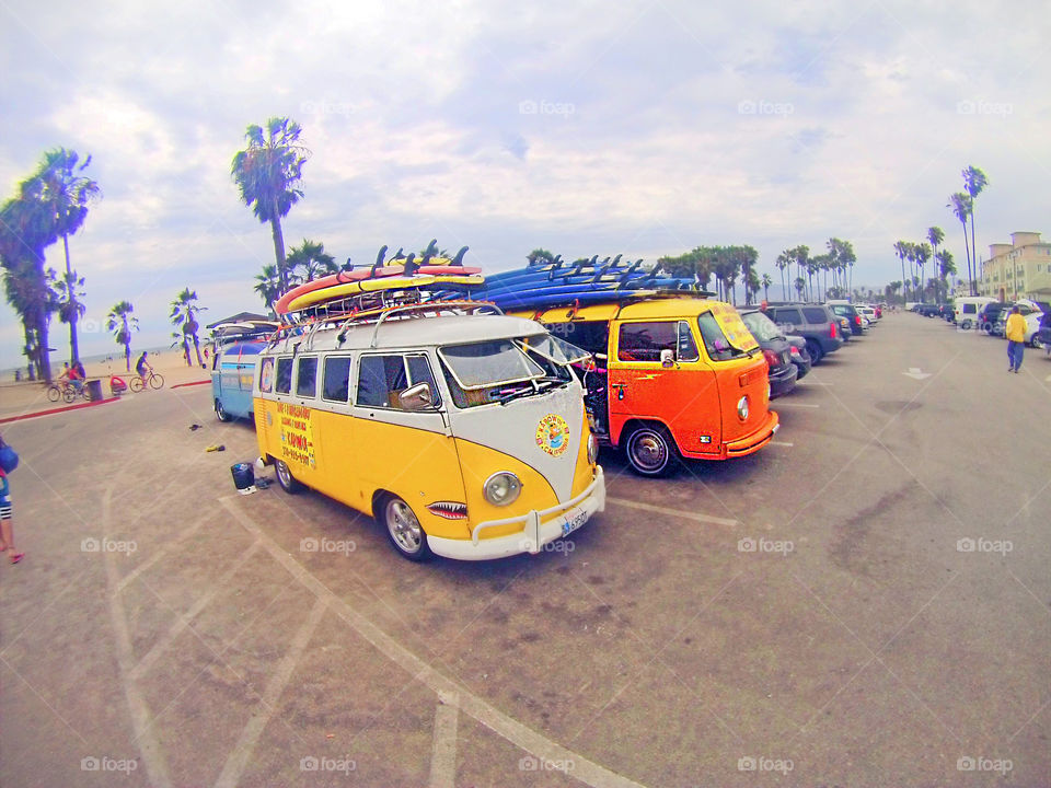 Venice beach old school trailers with surf board