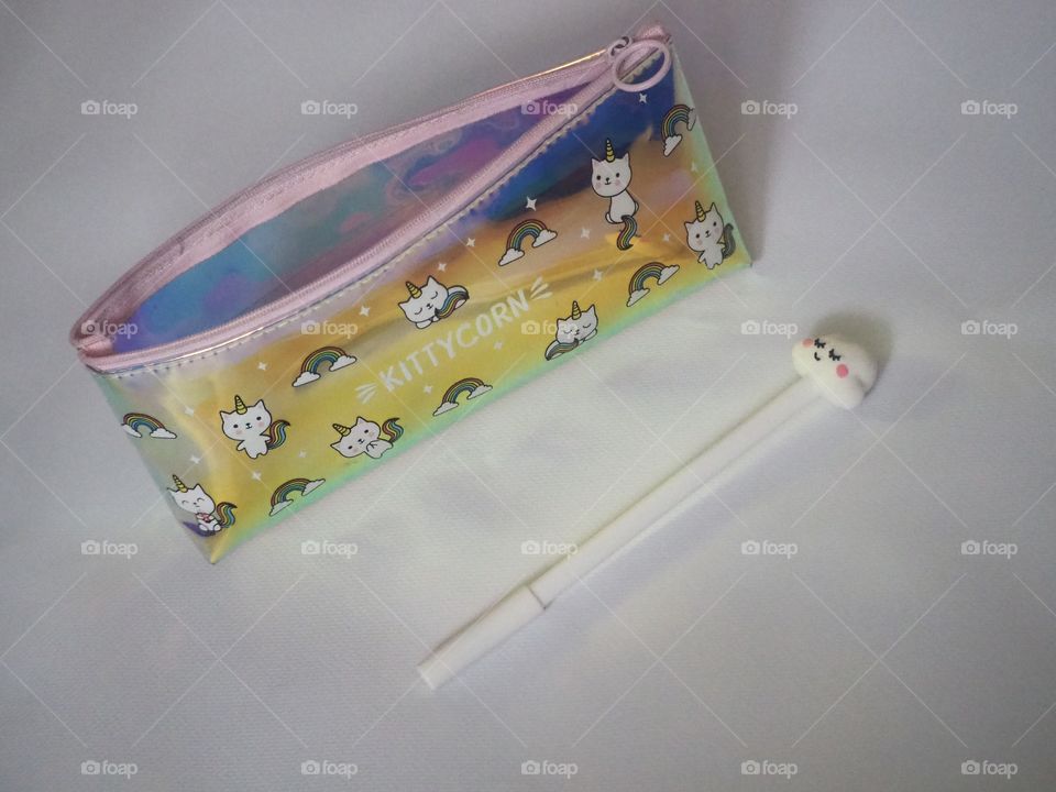 Rainbow Pencil Case Kittycorn with white cloud pen