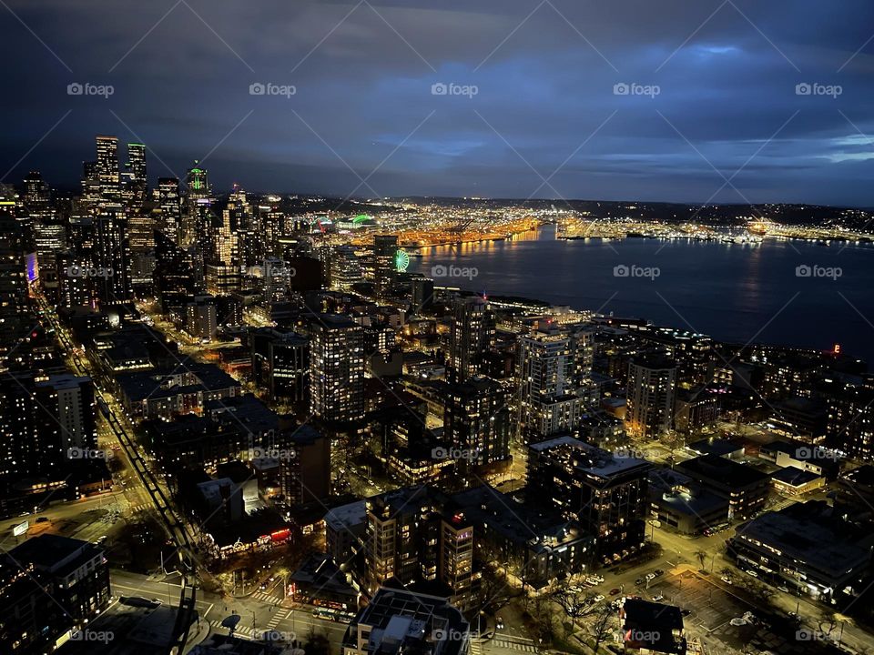 Aerial view of Seattle’s city lights at night