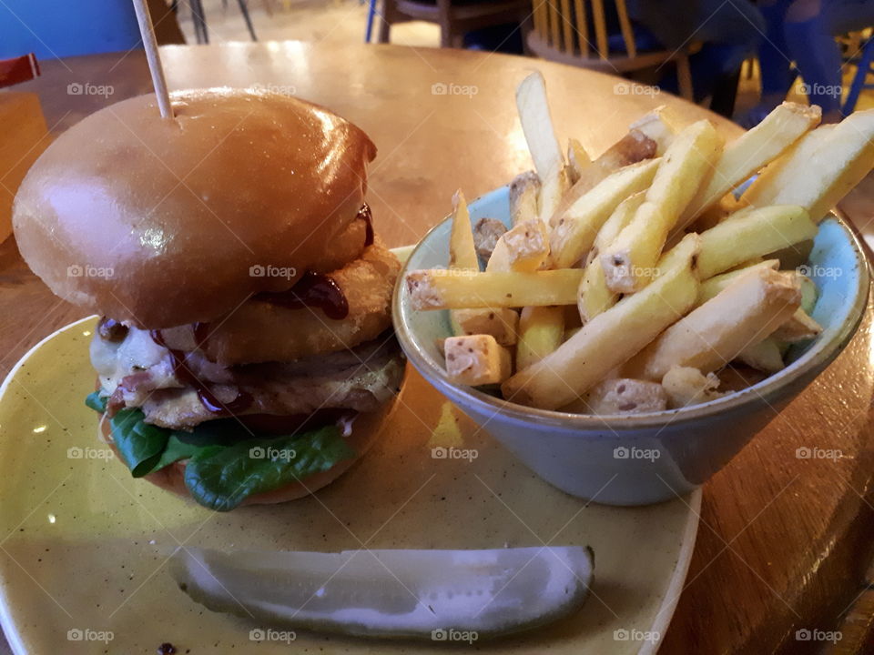 Tall Burger Tower With Fries