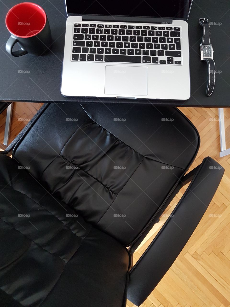 office equipment, notebook, office chair, table, cup of coffee