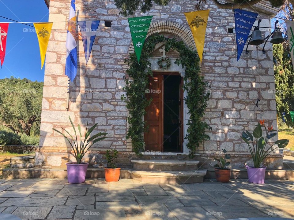 Monastery, church, doorway, Skiathos island, Greece 