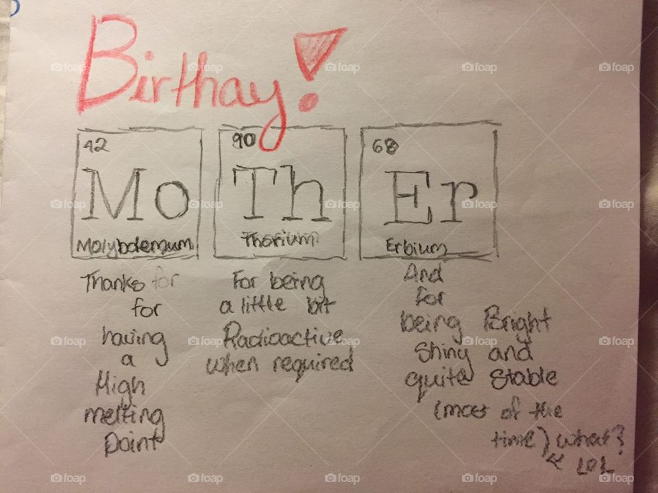 My brilliant daughter came up with this spectacular chemistry birthday card for her science geek mom. I had tears in my eyes ! 