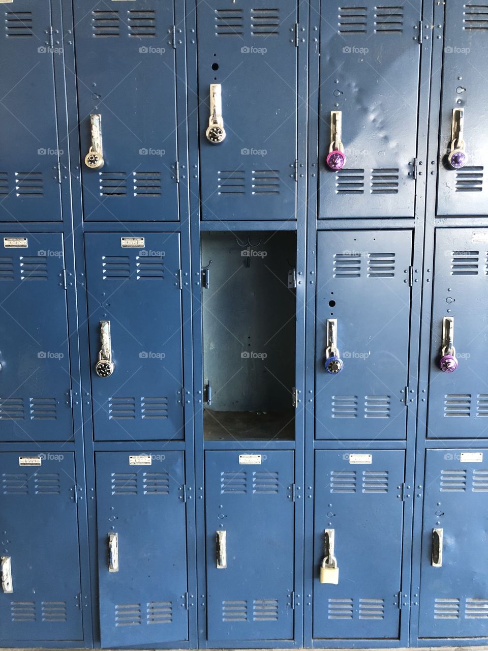 Empty blue locker in a sea of lockers