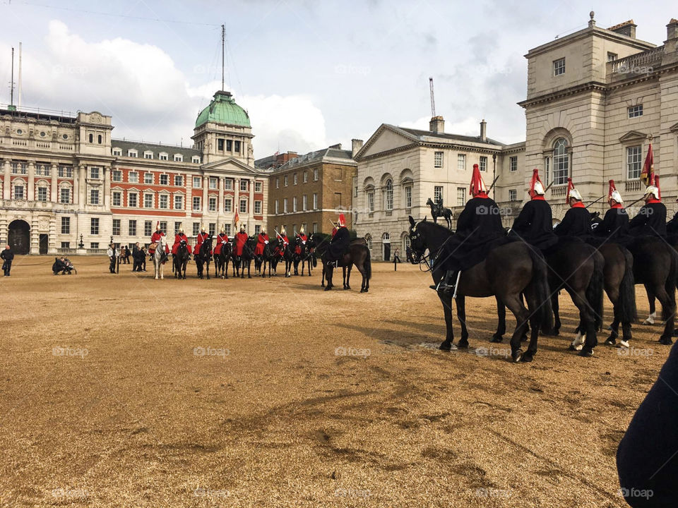LONDON ENGLAND 23RD MARCH 2017 HORSE GUARD PARADE , FOLLOWING THE ISIS ATTACK ON WESTMINSTER BRIDGE AND THE HOUSES OF PARLIAMENT ON 22ND MARCH 2017 UNIFORMED SOLDIERS PERFORM ON HORSE BACK.