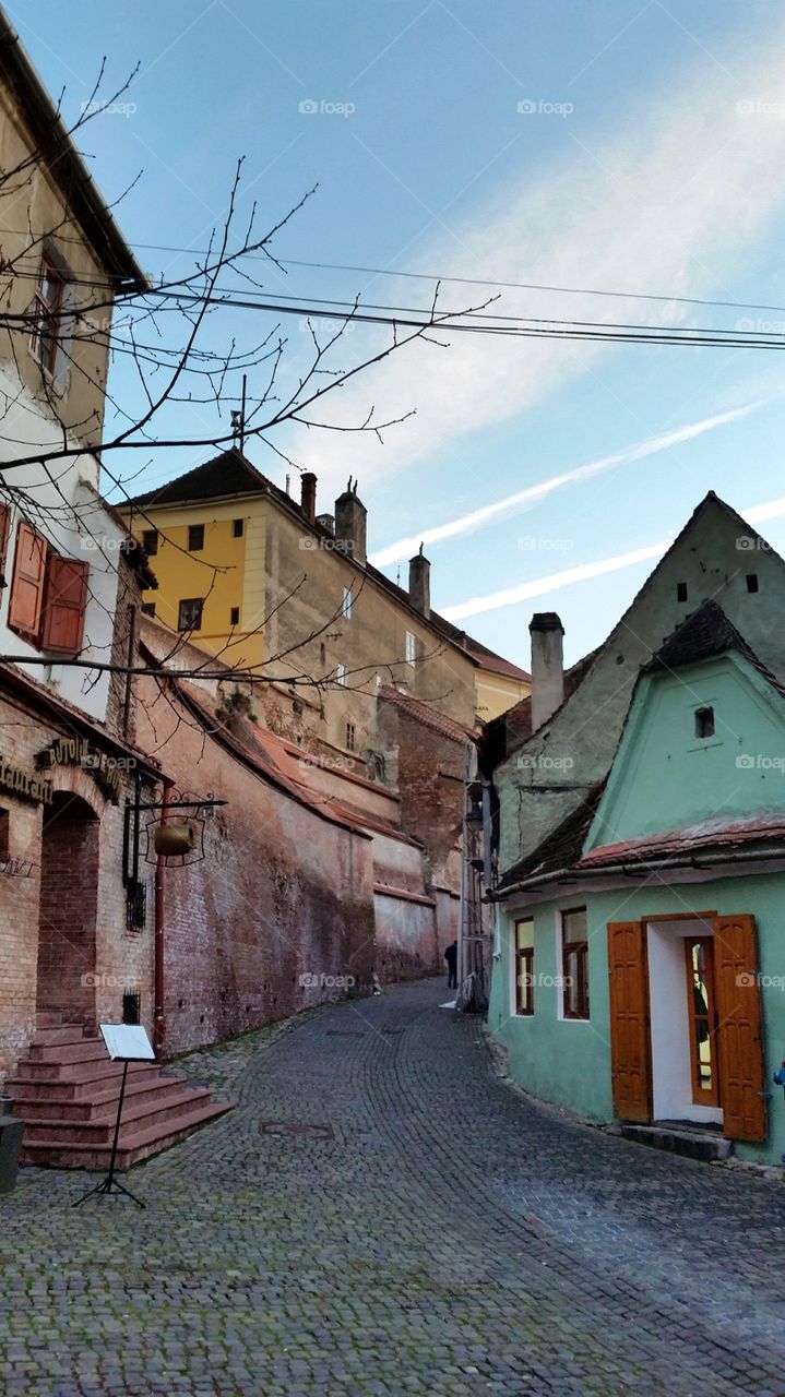 Cobblestone road through houses