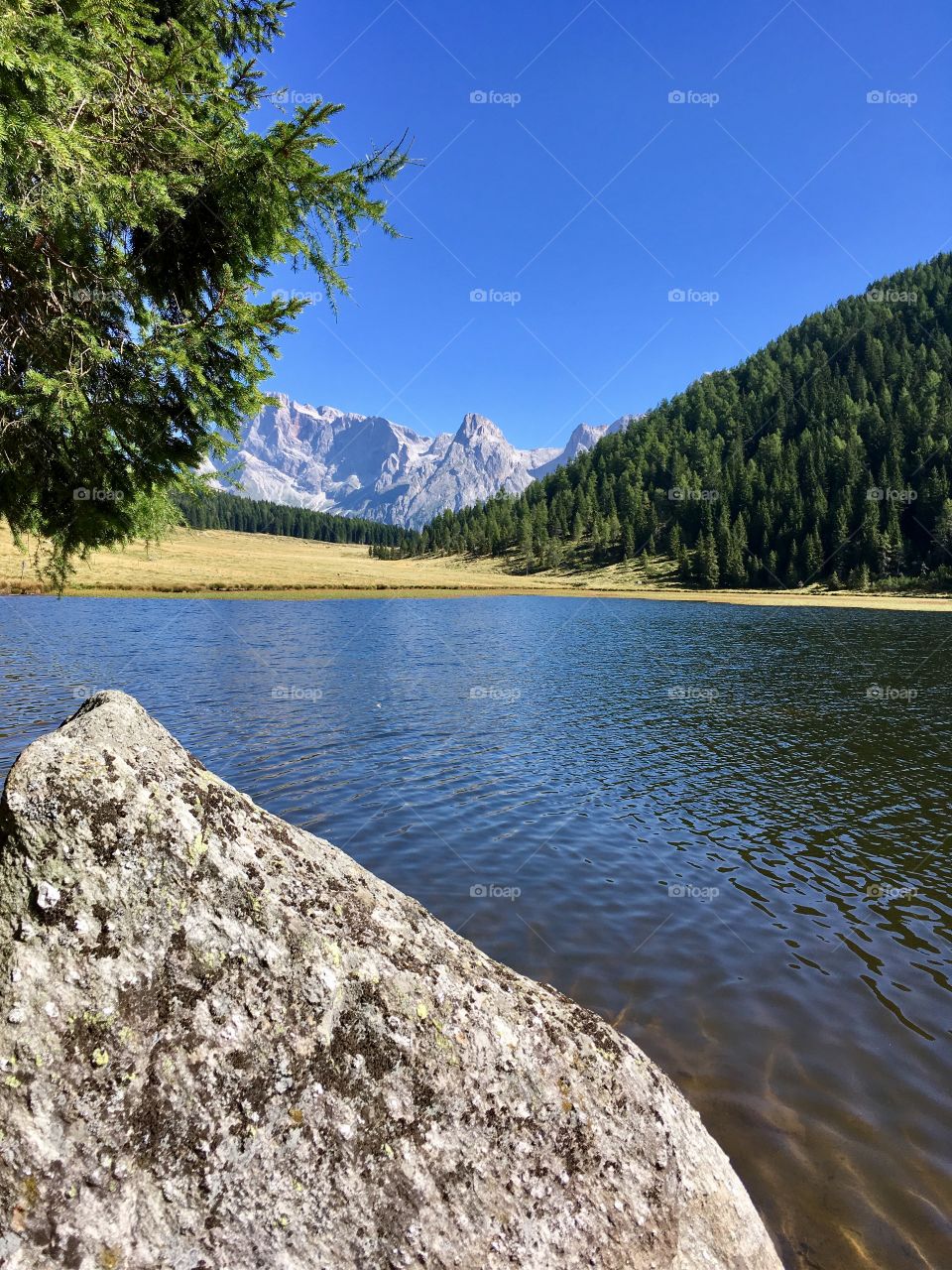 Lake Calaita, located at 1600 meters, south-eastern Trentino, in the background the Pale di San Martino