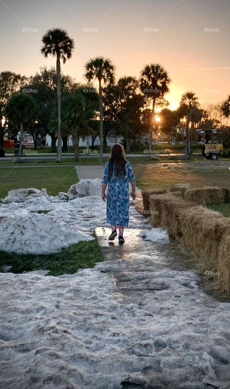 Winter snow, fall hay and summer palm trees with sunset all at once together with girl child enjoying it all on a walk.