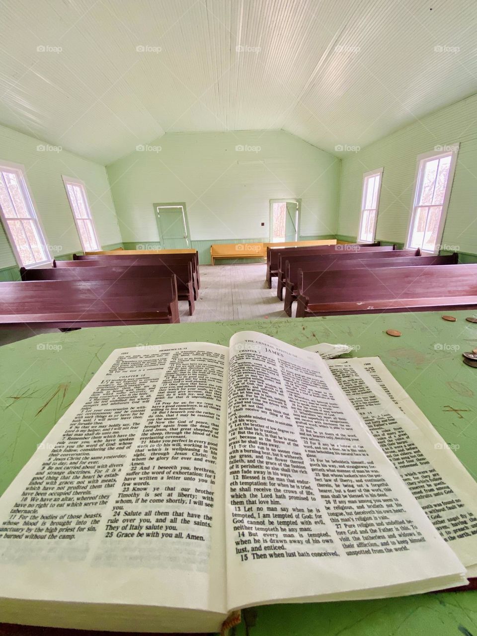Inside a green painted Historic Church in Kentucky