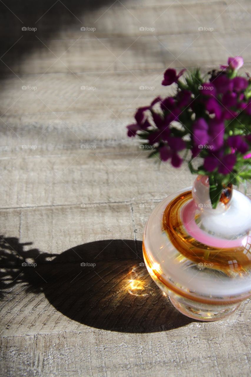 Beautiful purple wild flowers in white, pink, purple and brown vase with sun shining through