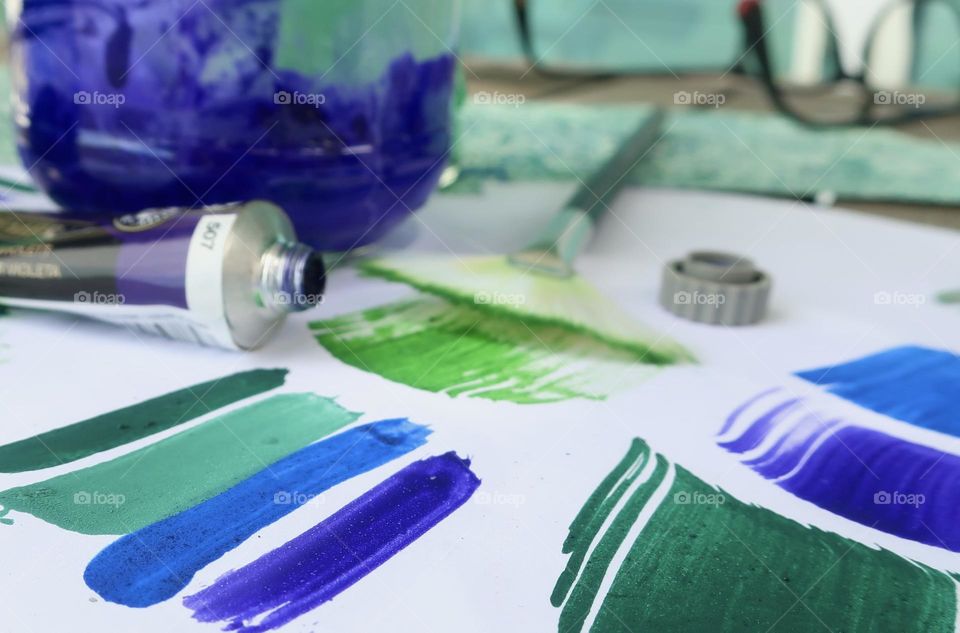 Experiments with Green, Blue and Violet Ink Stains using a brush and an open violet ink tube