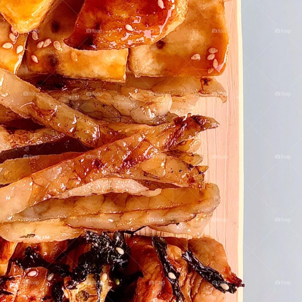 Japanese food delivery - grilled yakitori, fugu mirin boshi and swordfish