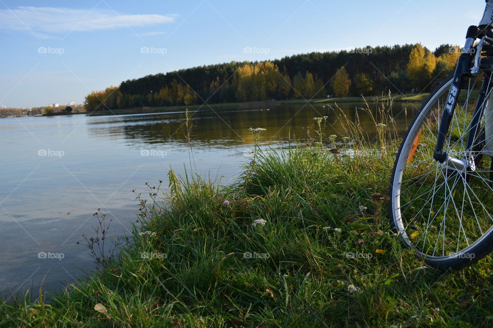 beautiful autumn landscape lake blue sky background, beautiful nature