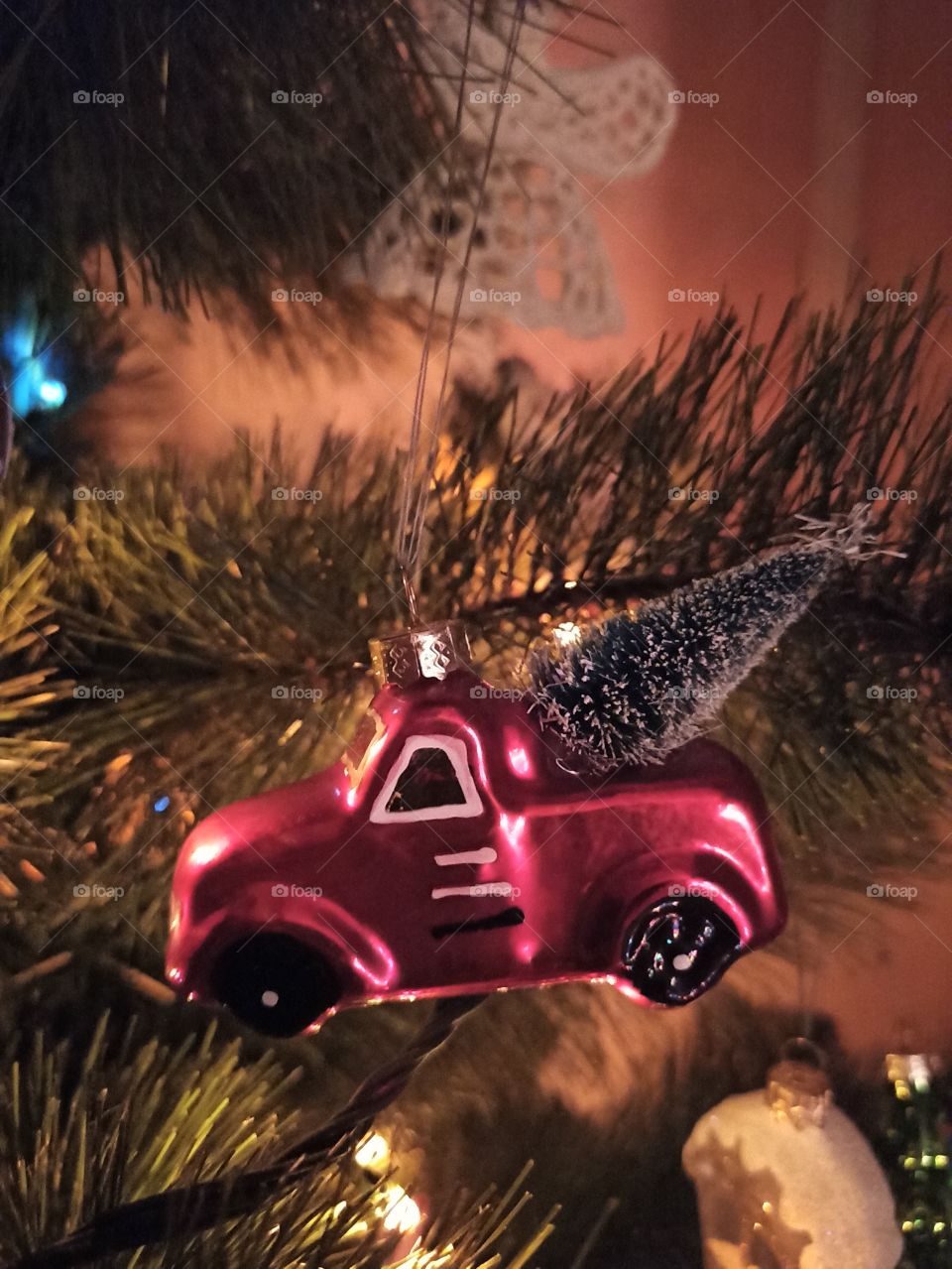 Christmas toys on the tree. new year spirit. Christmas spirit.