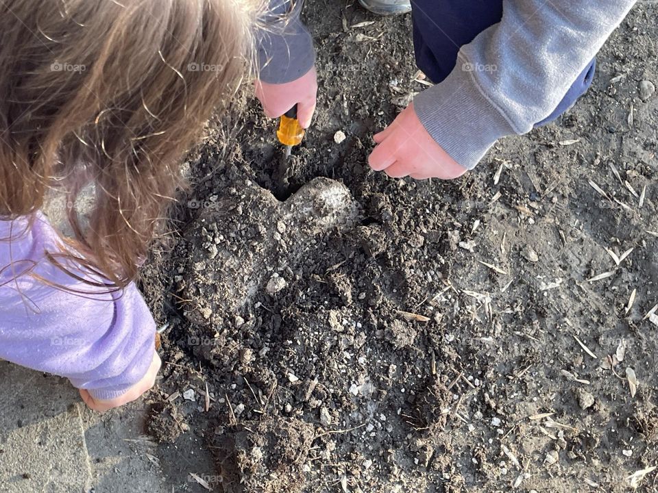A girl and boy digging, in the dirt, something that looks heart shaped