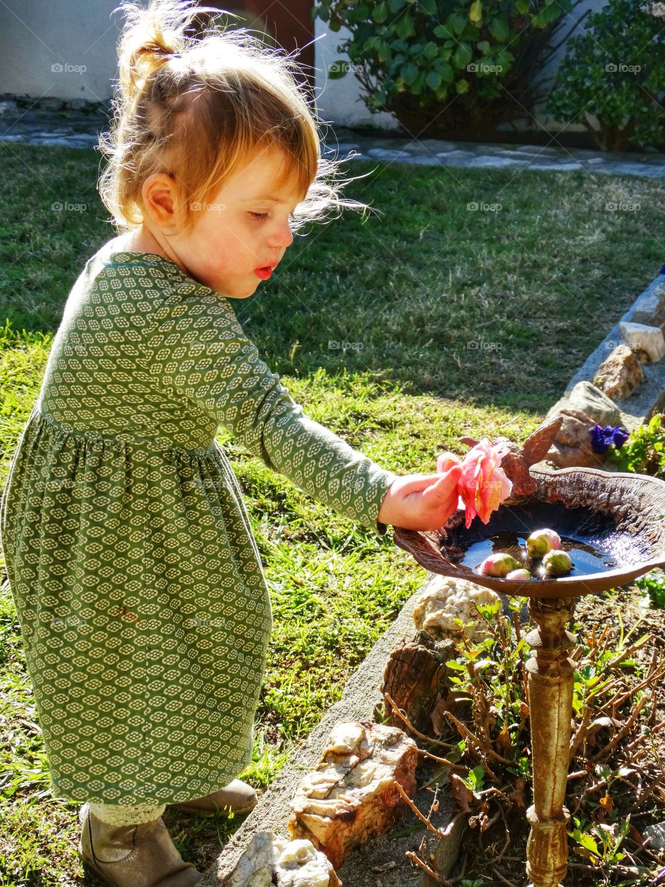 Young Girl In Morning Sunlight. Little Girl In The Yard During The Golden Hour
