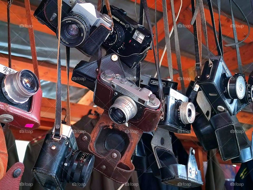 Old models of cameras from different years hang on a wooden showcase.