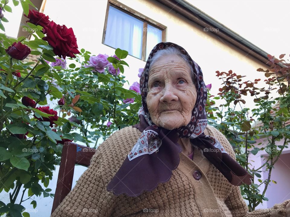 Portrait of a 94 old granny, who is sitting in her backyard and enjoying her roses.