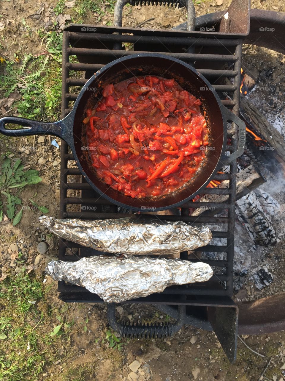 Shakshuka on the fire while camping 