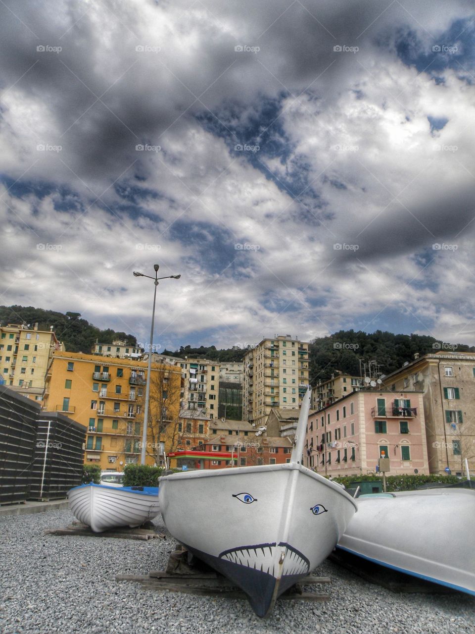 Closeup of boats in city